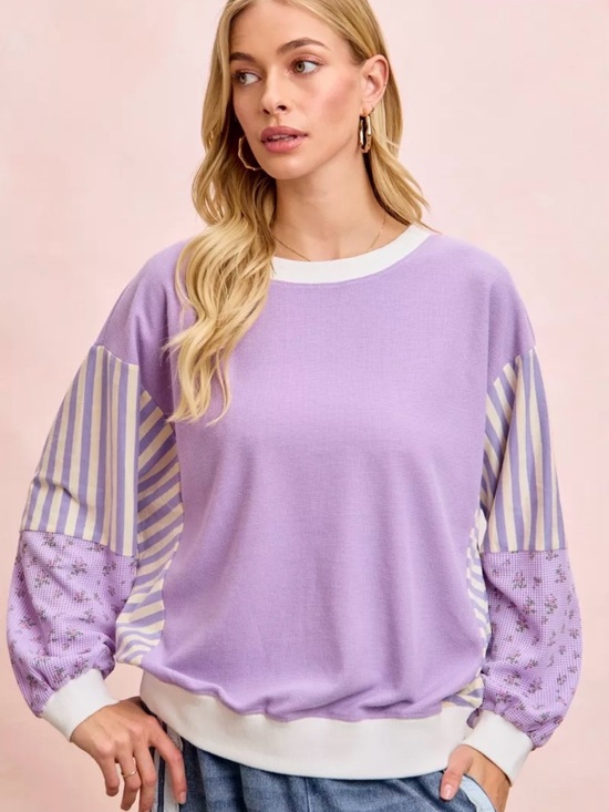 BiBi Tops - BiBi Lightweight Lavender Mixed Media  Sweatshirt